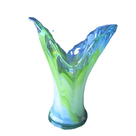 UNIQUE VTG HAND BLOWN HAND SWUNG V-SHAPED VASE MIXED COLORS - Picture 3 of 11